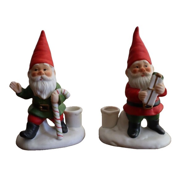 Lot 2x Vtg Porcelain Christmas Elf Santa Gnome Candle Holder 4.25" Taiwan - Picture 1 of 11